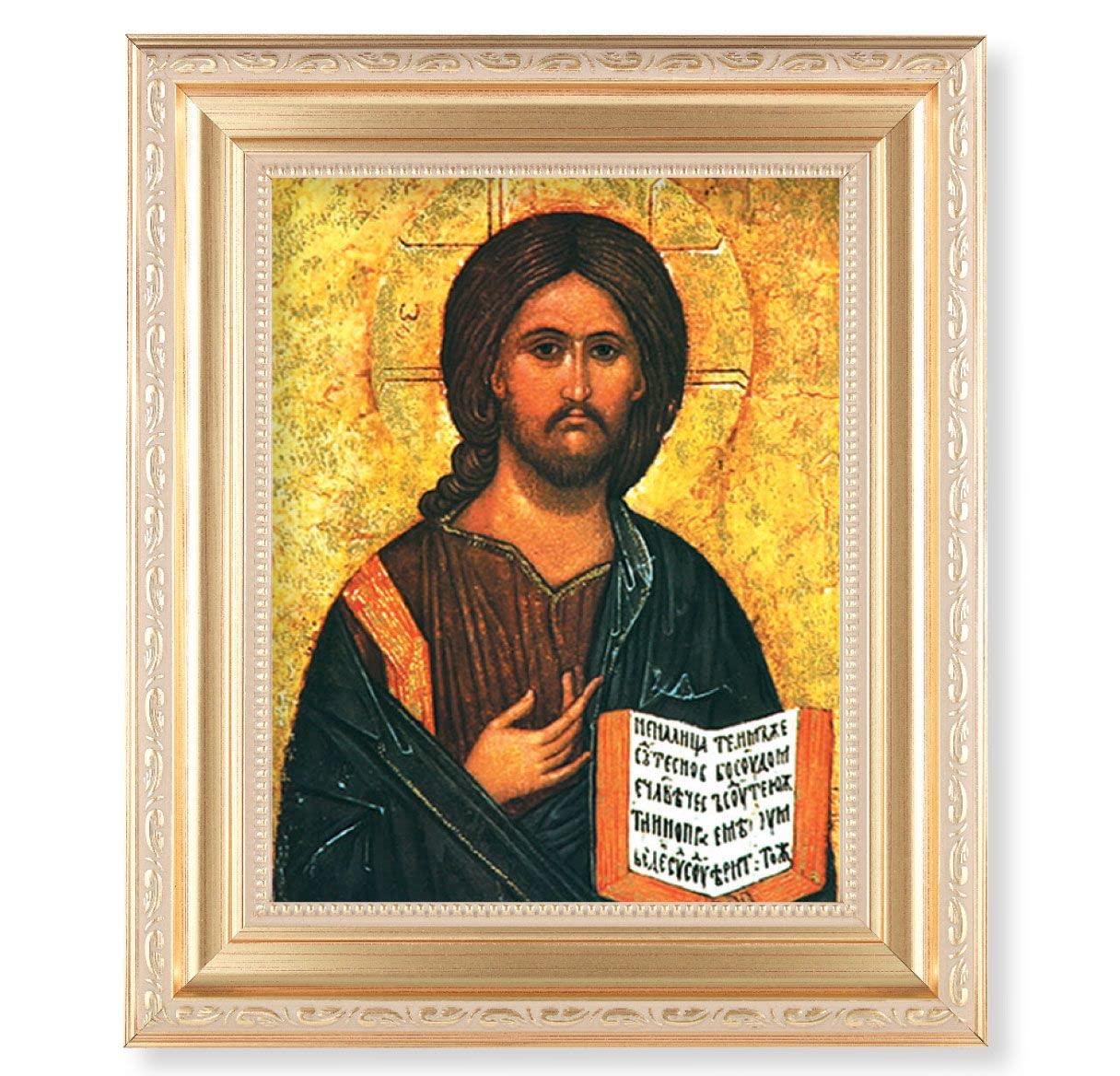 Christ All Knowing Icon, 11.5"x13.5" Satin Gold Frame, Distressed Finish with Scrollwork, Italian Print Under Glass # 26402