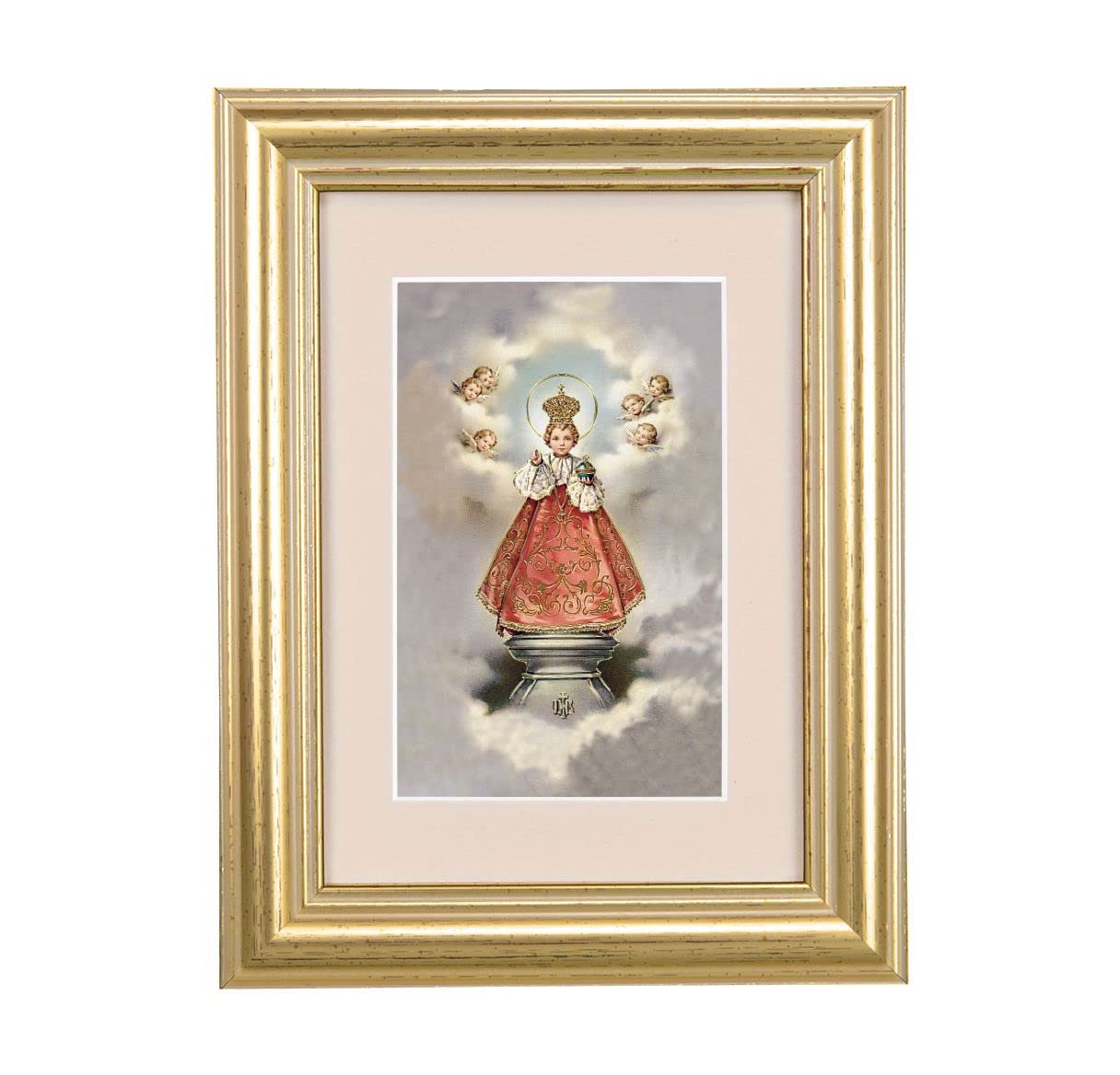 Infant of Praque with Angels Picture, 5"x6.5" Antique Gold Fluted Frame, Behind Cream Velvet Matting # 28228