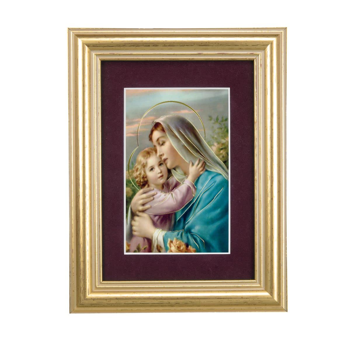 Madonna & Child Picture, 5"x6.5" Antique Gold Fluted Frame, Behind Maroon Velvet Matting # 28298