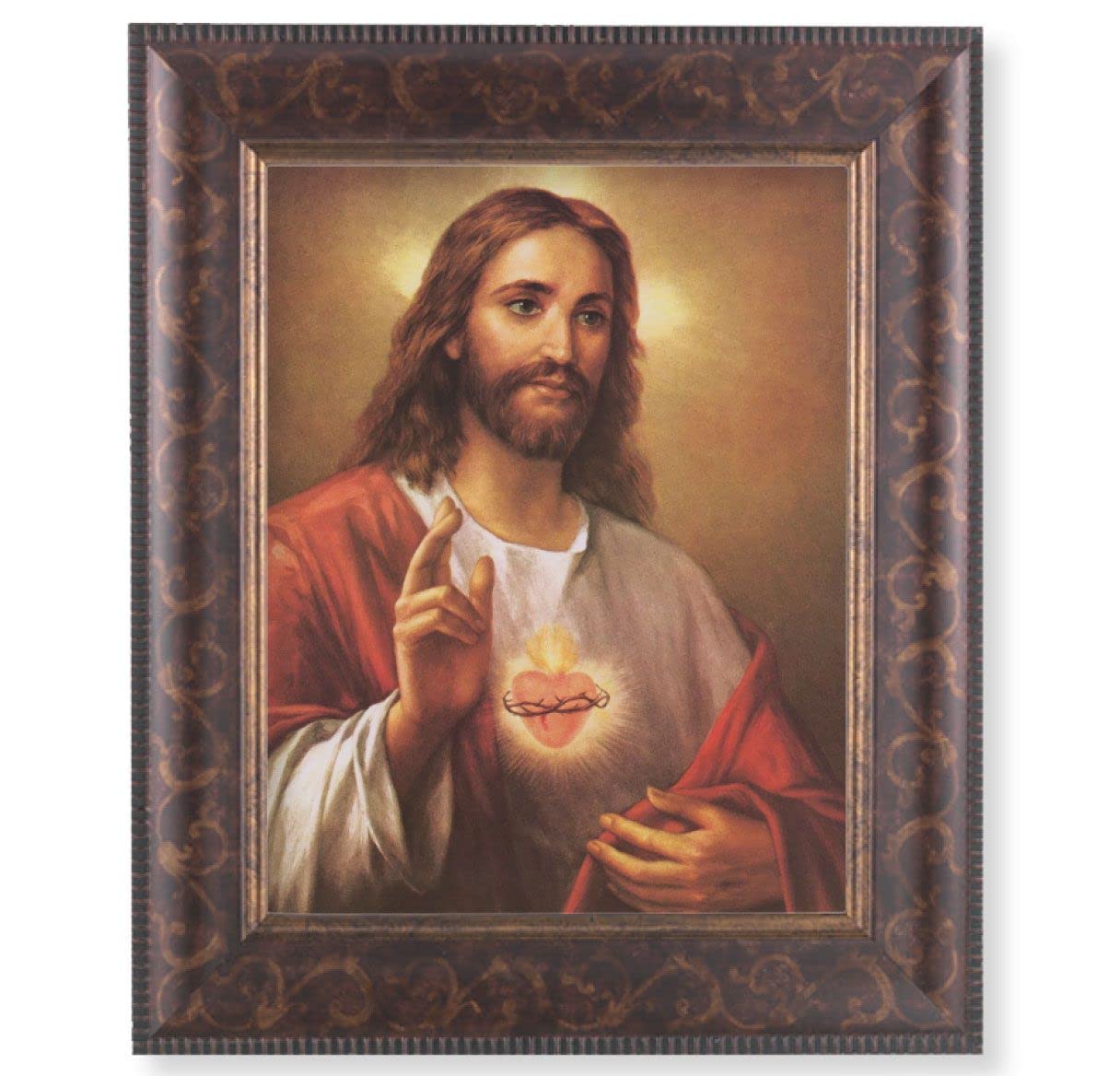 Sacred Heart of Jesus Picture, 11-1/4"x13-1/4, Antique Gold & Espresso Frame, Italian Print Under Glass # 25887
