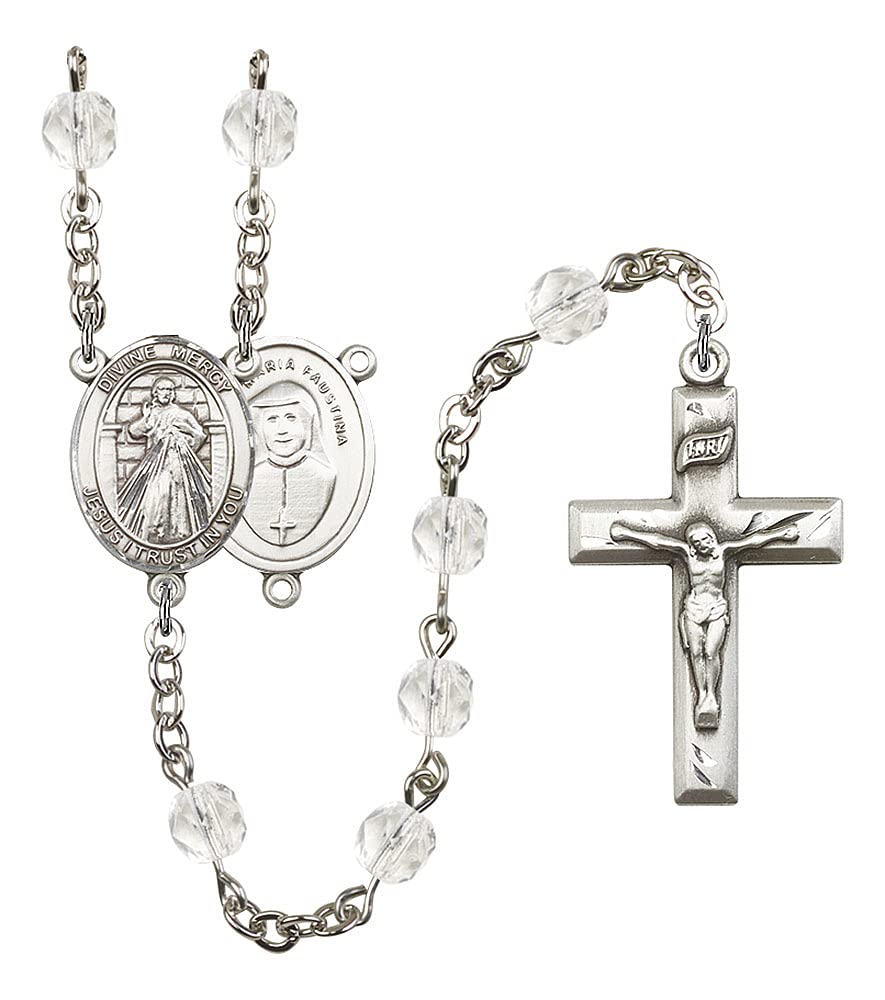 Divine Mercy Rosary, 6mm Fire Polished Crystal Beads, Silver Plate, # 16801