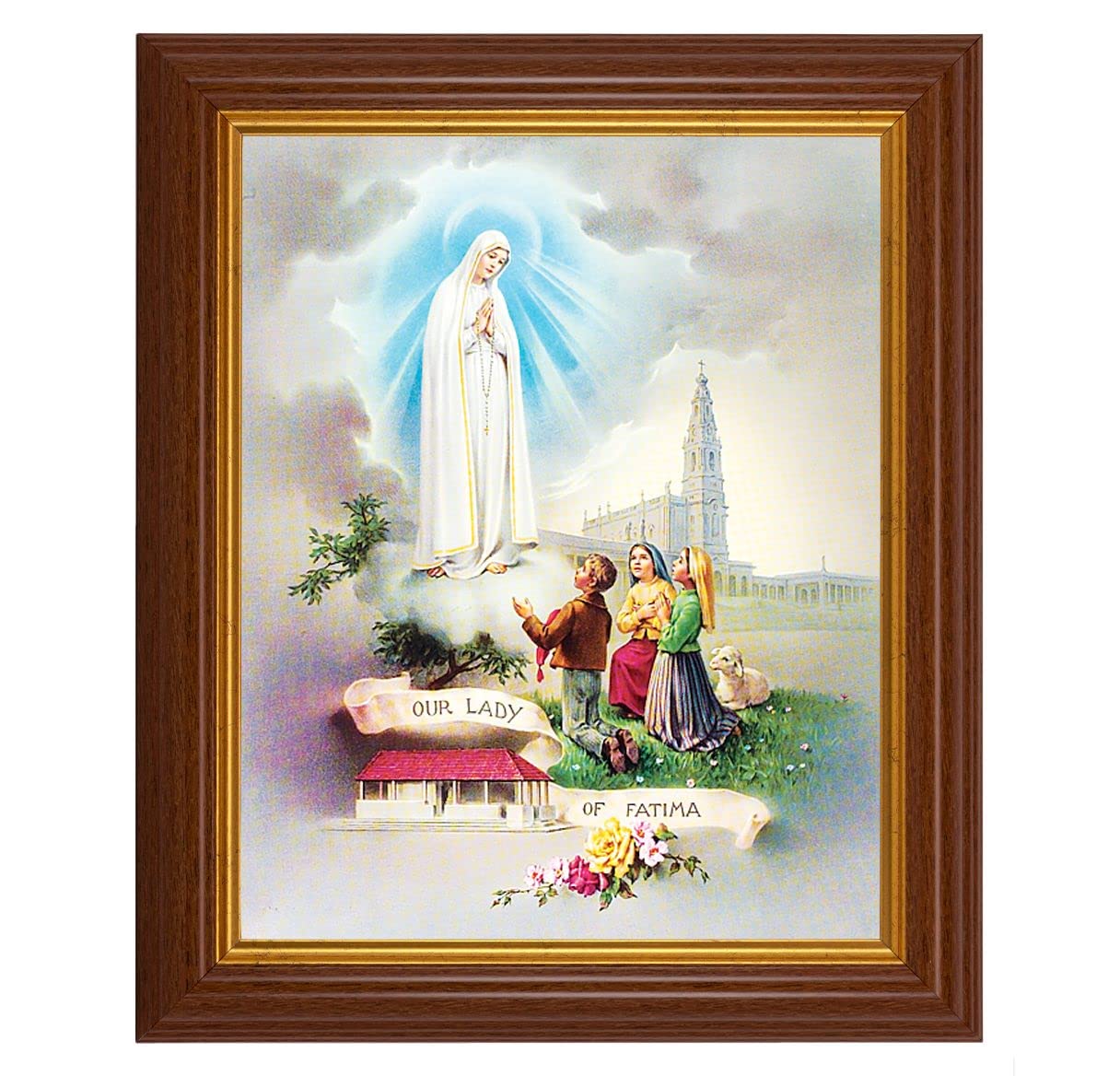 Our Lady of Fatima, 10.5"x12.5" Walnut Finished Fluted Frame, Gold Beaded Lip, Italian Print # 26995