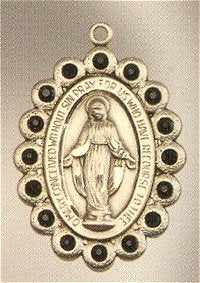 Jet Black Crystal Border Miraculous Medal 1-1/8" Solid 14kt Gold, Free Chain, # 43679