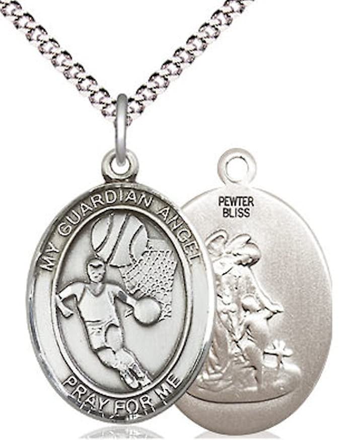 Basketball / Guardian Angel Medal in Fine Pewter, 3/4", Your Choice of Chain # 17566