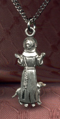 7/8" St. Francis Medal in Profile, Sterling Silver, Your Choice of Chain # 10377