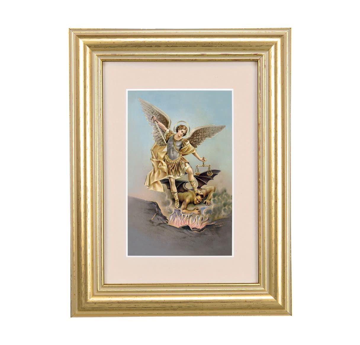 St. Michael Picture, 5"x6.5" Antique Gold Fluted Frame, Behind Cream Velvet Matting # 28244