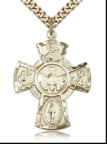 15/16" 14kt Gold Filled 5-Way Medal, Your Choice of Chain # 10416