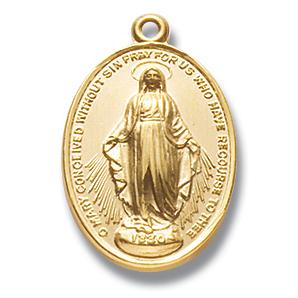 16kt Gold over Sterling Silver Miraculous medal, 3/4"  With your choice of chain, #104436,
