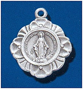 Sterling Silver Miraculous Medal with Flowering Edge, #104437, 5/8".