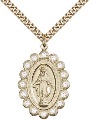 1-1/8" Crystal Border Miraculous Medal, 14kt Gold Filled, Your Choice of Chain # 10684