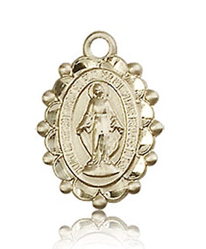 Ornate Border 5/8" Miraculous Medal Solid 14kt Gold, Free Chain, # 10713