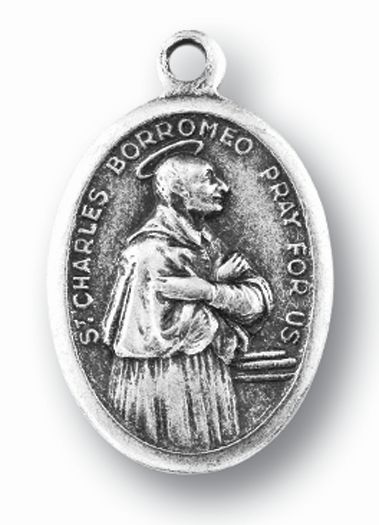 St. Charles Borromeo Silver Oxidized Medal, 1" overall, # 1041