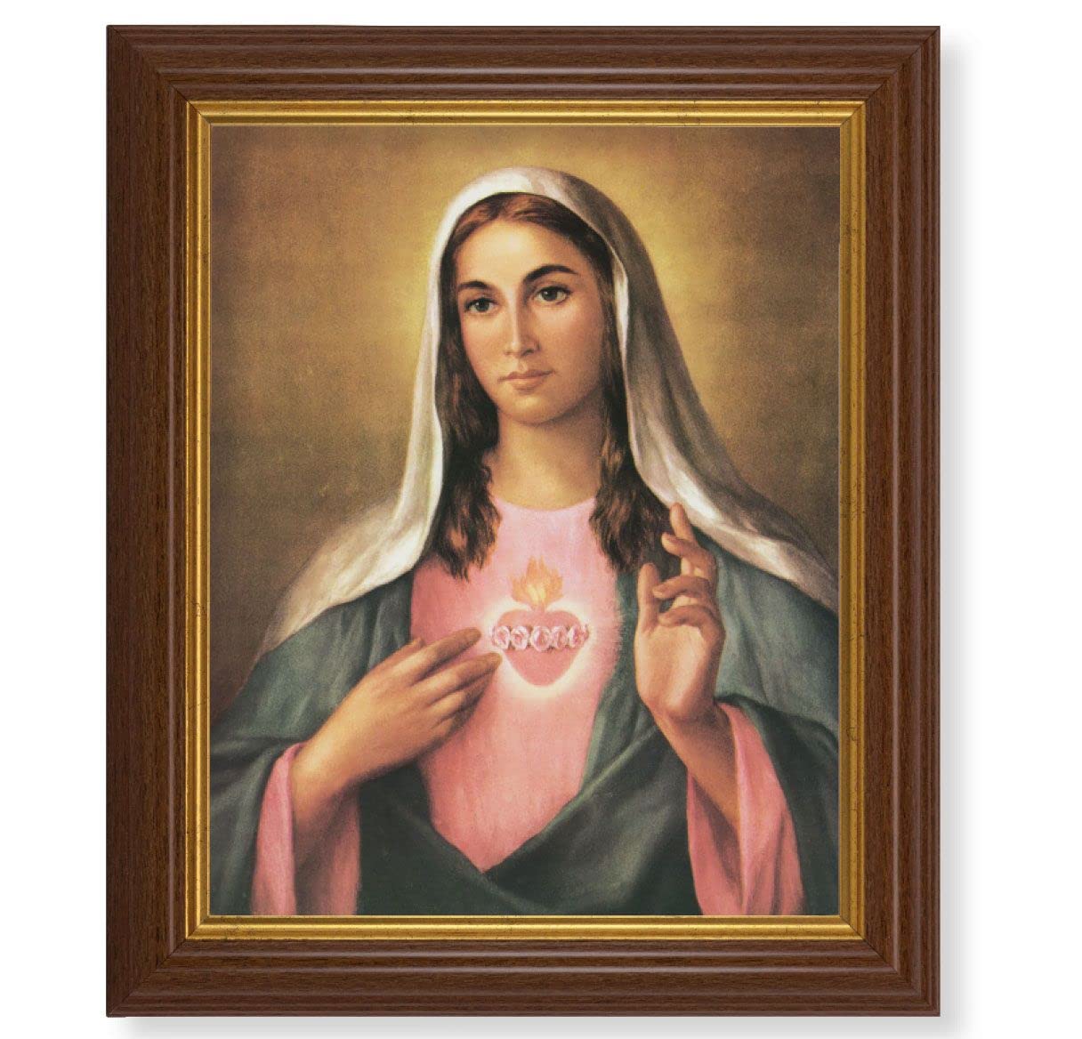La Fuente: Immaculate Heart of Mary, 10.5"x12.5" Walnut Finished Fluted Frame, Gold Beaded Lip, Italian Print # 27053