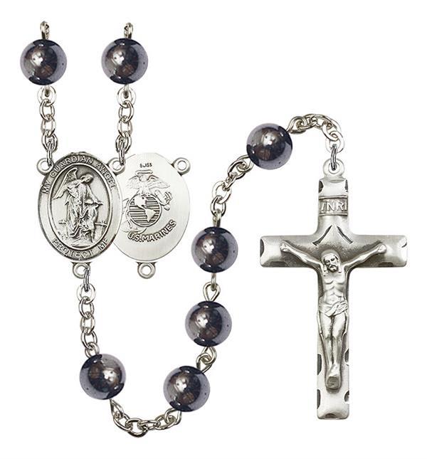 Guardian Angel U.S. Marines Rosary, 8mm Hematite Beads, Silver Plate, # 11158