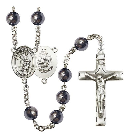 Guardian Angel U.S. Marines Rosary, 8mm Hematite Beads, Silver Plate, # 11158