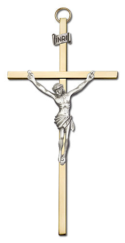 6" Crucifix, Silver Figure on Polished Brass Cross, # 11322