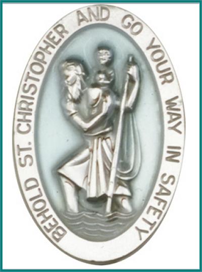 Visor Clip, Silver Oxide Finish, St. Christopher, Blue Enamel, 1-1/2" tall, # 11346
