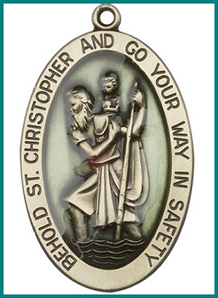 Keychain, Bronze Oxide Finish, St. Christopher with Blue Enamel, 1-5/8", # 11425
