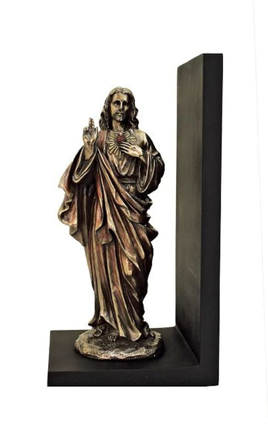 Sacred Heart of Jesus 9" Bookend, Cold Cast Veronese Bronzed Resin, Black Base, gol-sr-77854