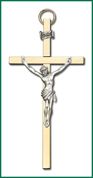 4" Crucifix, Silver Figure on Polished Brass Cross, # 1202