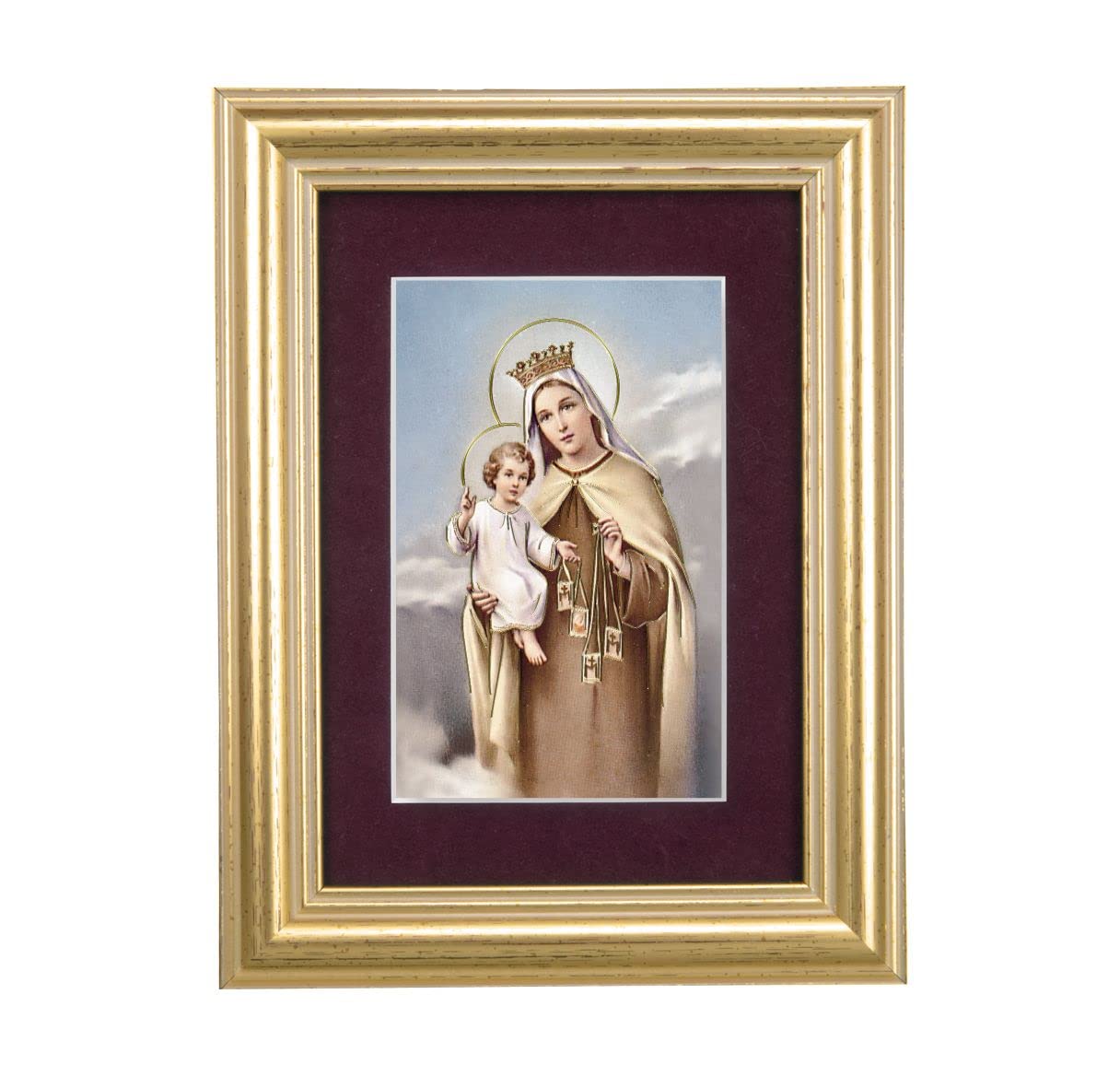 Our Lady of Mount Carmel Picture, 5"x6.5" Antique Gold Fluted Frame, Behind Maroon Velvet Matting # 28303
