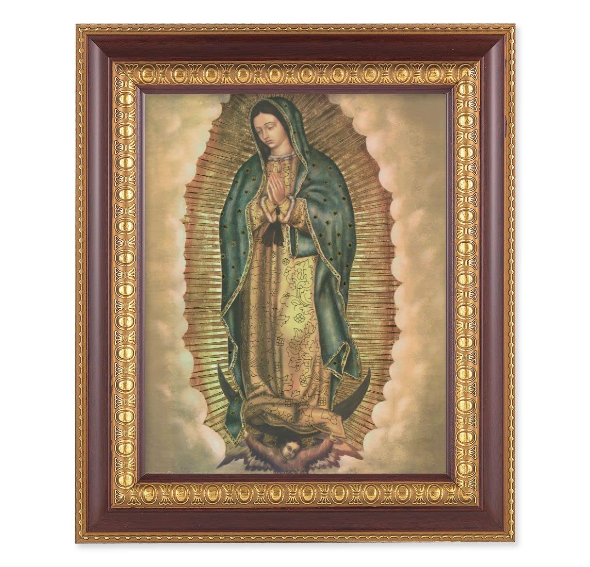 Our Lady of Guadalupe Picture, 11-1/2"x13-1/2, Cherry Finish with Gold Egg & Dart Frame, Italian Print Under Glass # 26154
