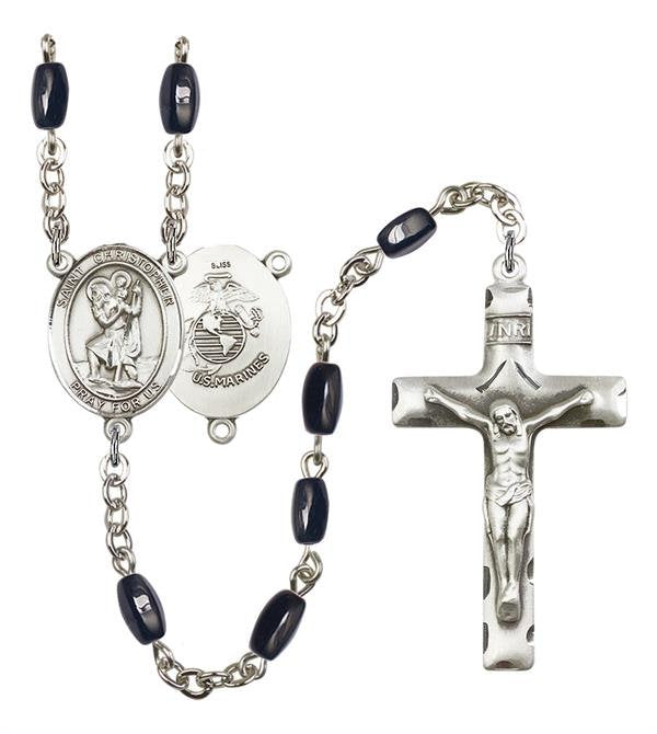 St. Christopher U.S. Marines Rosary, 8x5mm Black Onyx Beads, Silver Plate, # 12690