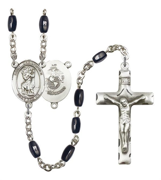 St. Christopher U.S. Marines Rosary, 8x5mm Black Onyx Beads, Silver Plate, # 12690