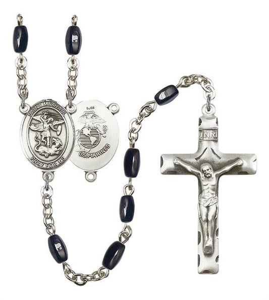 St. Michael U.S. Marines Rosary, 8x5mm Black Onyx Beads, Silver Plate, # 12768