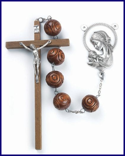 Brown Carved Wood Bead Wall Rosary, # 1281