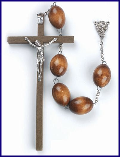 Brown Oval Wood Bead Wall Rosary, # 1283