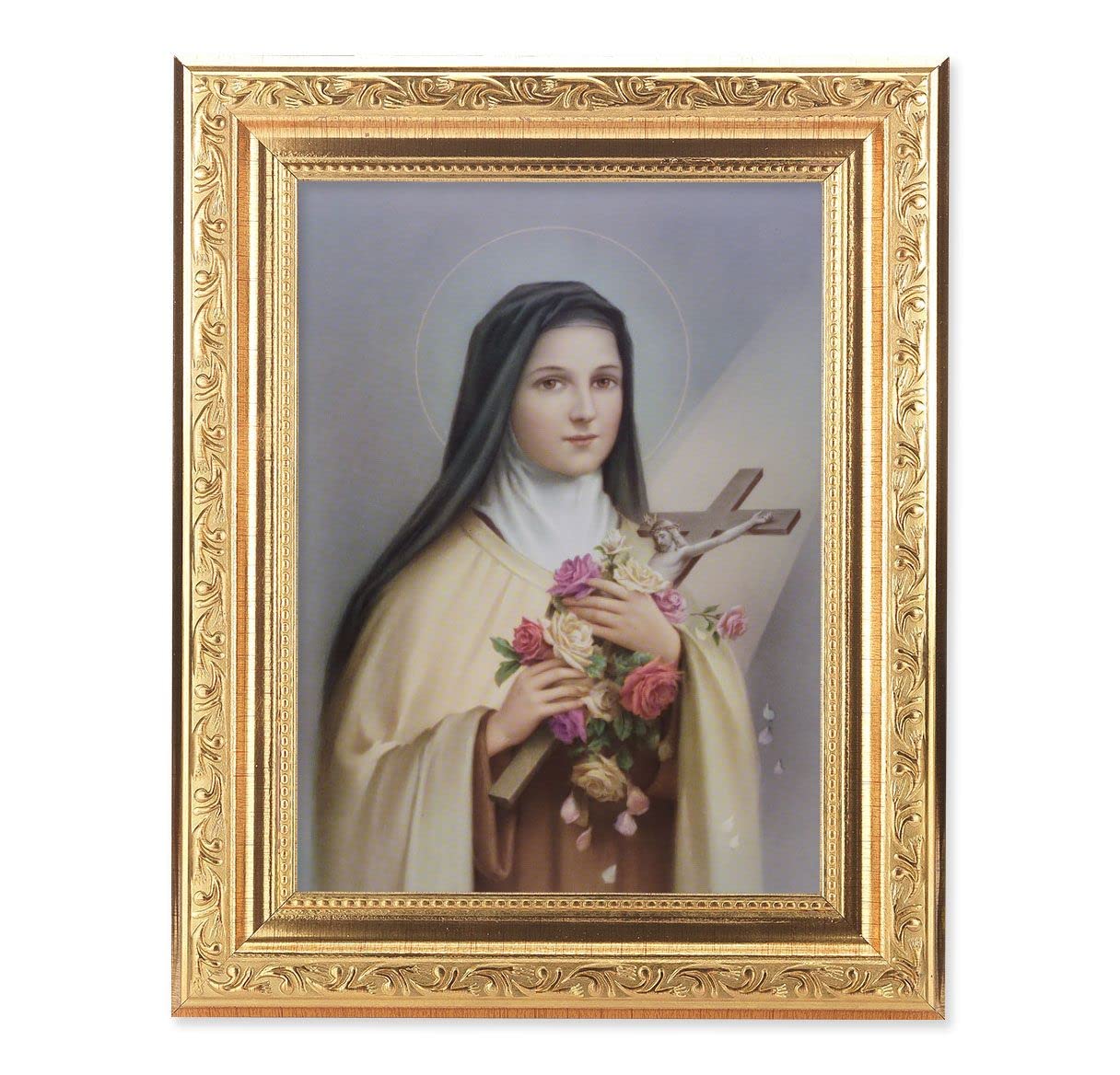 St. Therese of Lisieux Picture, 8-1/4"x10-1/4 Gold-Leaf Finish Acanthus Leaf Detail Under Glass # 27712