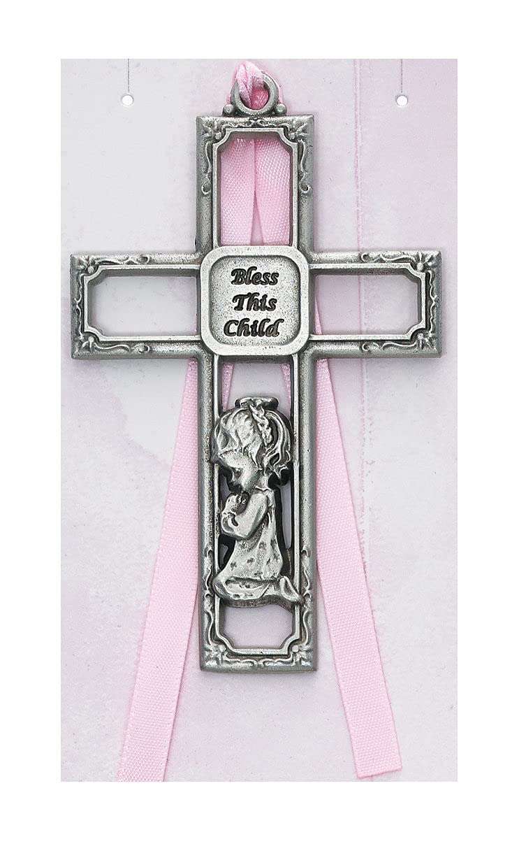 Bless This Child Praying Girl Cross, Pink Ribbon, Fine Pewter,  2-Count Value Pack 3-1/2" # 21549