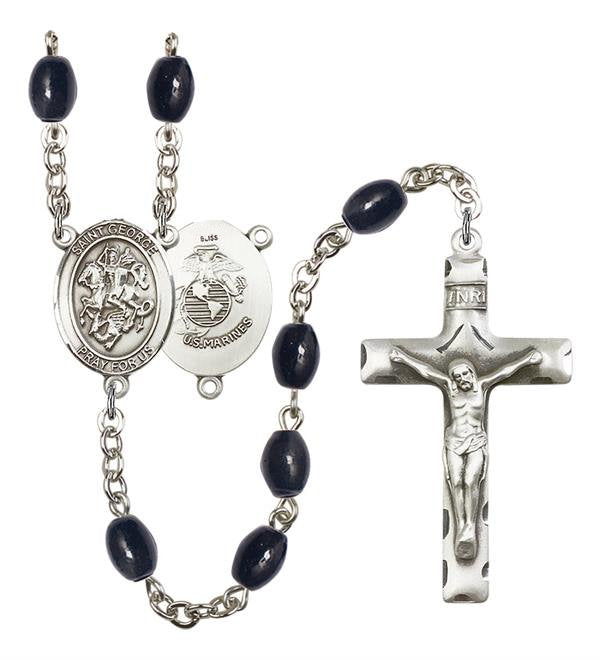 St. George U.S. Marines Rosary, 8x6mm Black Onyx Beads, Silver Plate, # 13298