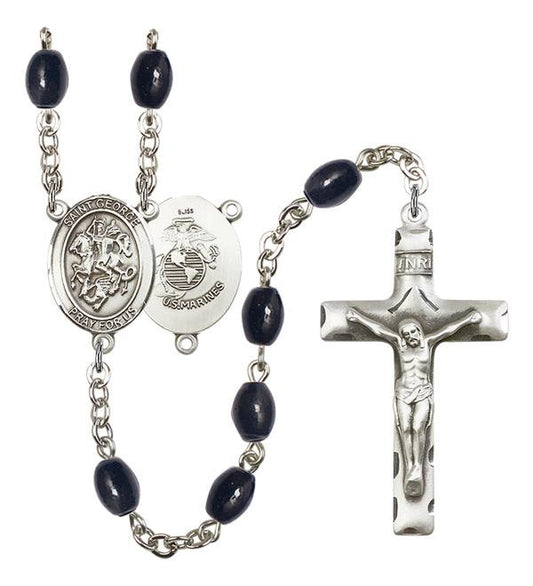 St. George U.S. Marines Rosary, 8x6mm Black Onyx Beads, Silver Plate, # 13298