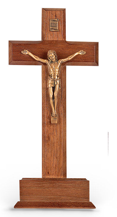 10" Standing Walnut Cross on Base with Museum Gold Plated "Salerni" Corpus, # 1336
