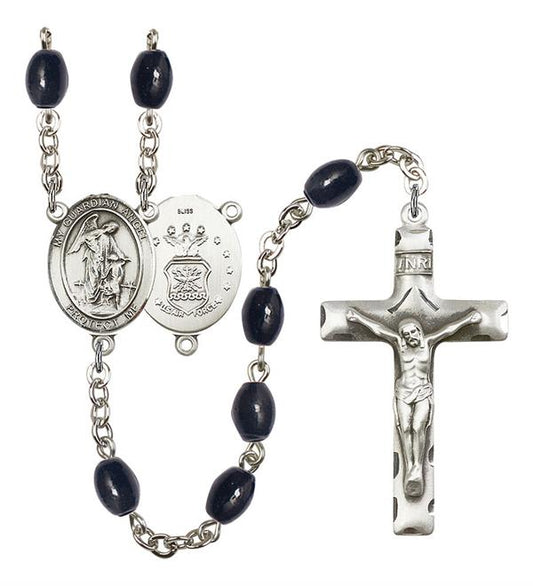 Guardian Angel U.S. Air Force Rosary, 8x6mm Black Onyx Beads, Silver Plate, # 13416