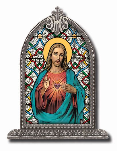 Sacred Heart Textured Italian Art Glass in Arched Frame, 6.5", # 1389