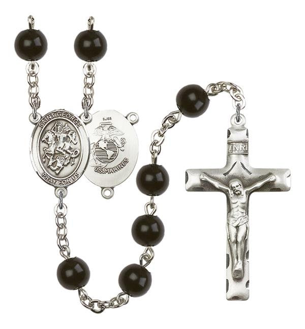 St. George U.S. Marines Rosary, 7mm Black Onyx Beads, Silver Plate, # 13898