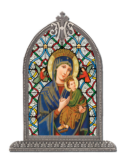 Our Lady of Perpetual Help Textured Italian Art Glass in Arched Frame, 6.5", # 1402