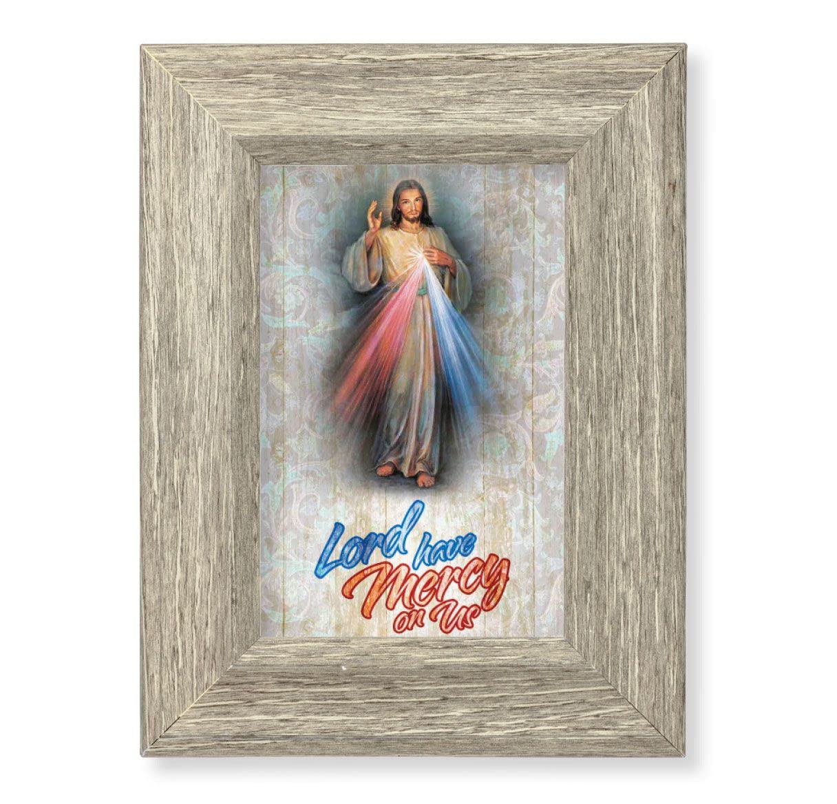 Divine Mercy Printed on Wood, 6-1/2"x8-1/2 Weathered Gray Frame, Italian # 28026