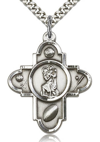 1-3/16" St. Christopher Sport 4-Way Medal Sterling, Your Choice of Chain # 1426