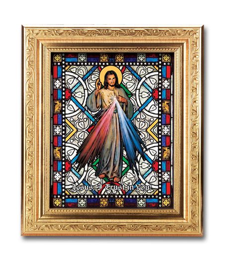 Divine Mercy Framed Textured Italian Art Glass in 8" x 10" Finely Detailed Gold Frame, # 1435