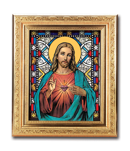 Sacred Heart Framed Textured Italian Art Glass in 8" x 10" Finely Detailed Gold Frame, # 1437