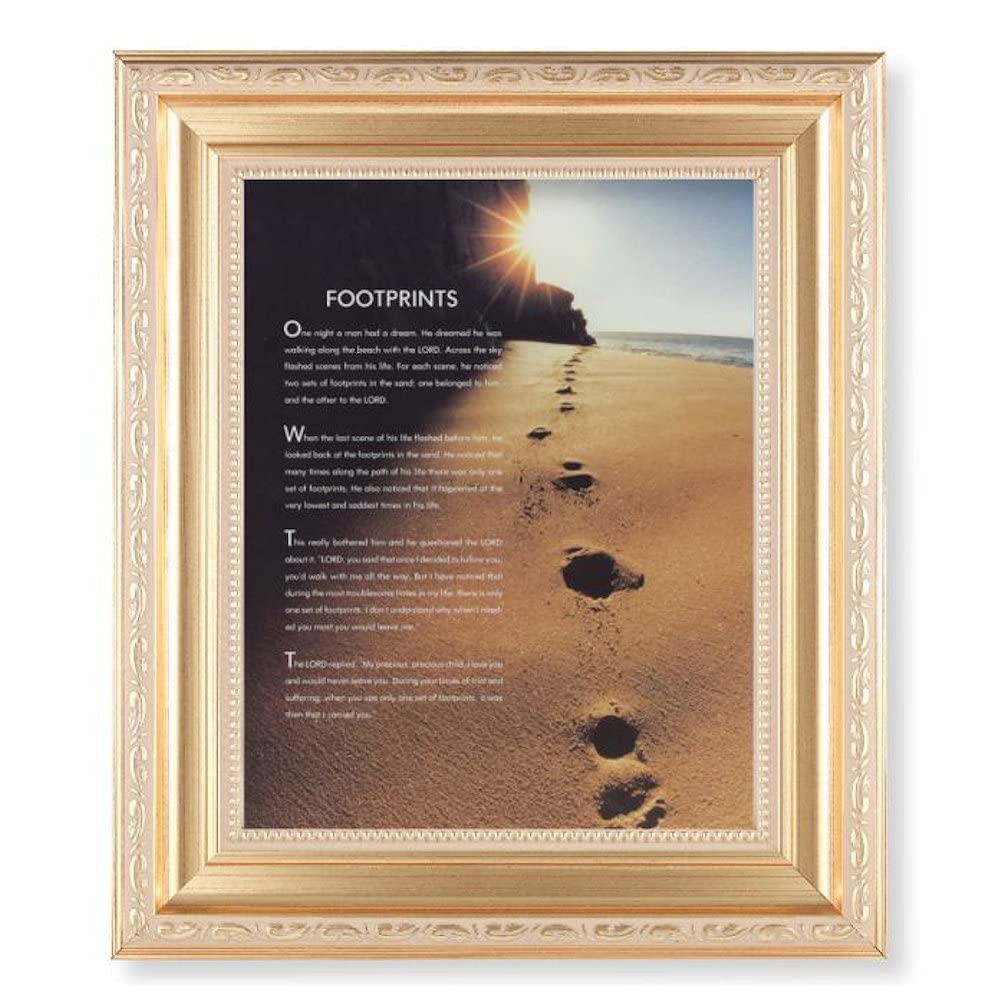 Footprints, 11.5"x13.5" Satin Gold Frame, Distressed Finish with Scrollwork, Italian Print Under Glass # 26406