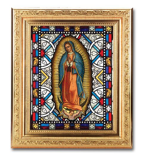Our Lady of Guadalupe Framed Textured Italian Art Glass in 8" x 10" Finely Detailed Gold Frame, # 1441