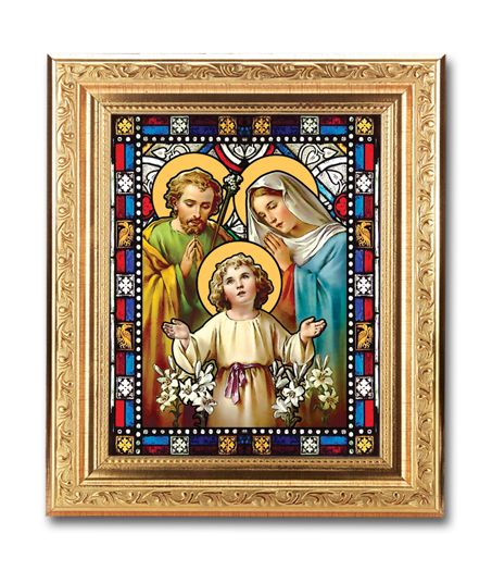 Holy Family Framed Textured Italian Art Glass in 8" x 10" Finely Detailed Gold Frame, # 1454