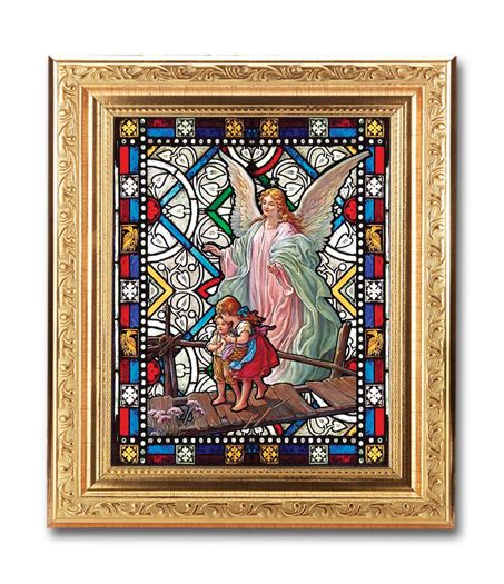 Guardian Angel Framed Textured Italian Art Glass in 8" x 10" Finely Detailed Gold Frame, # 1455
