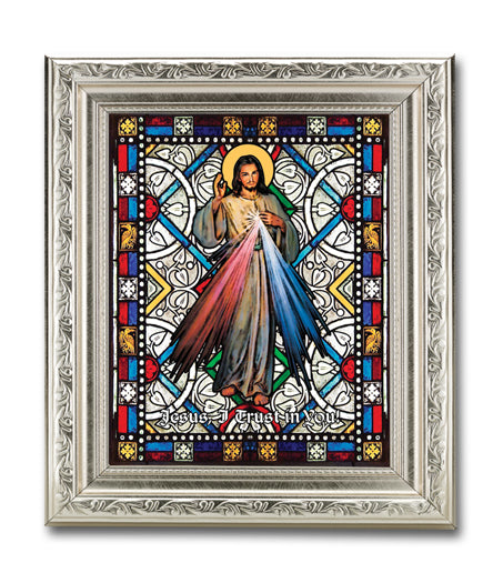 Divine Mercy 6"x8" Textured Italian Art Glass in 8" x 10" Detailed Silver Frame, # 1460
