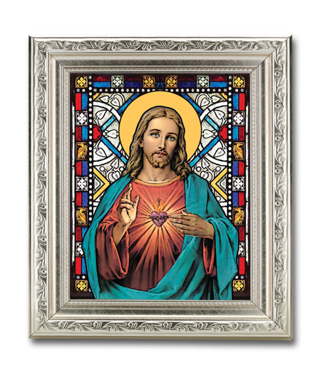 Sacred Heart 6"x8" Textured Italian Art Glass in 8" x 10" Detailed Silver Frame, # 1461